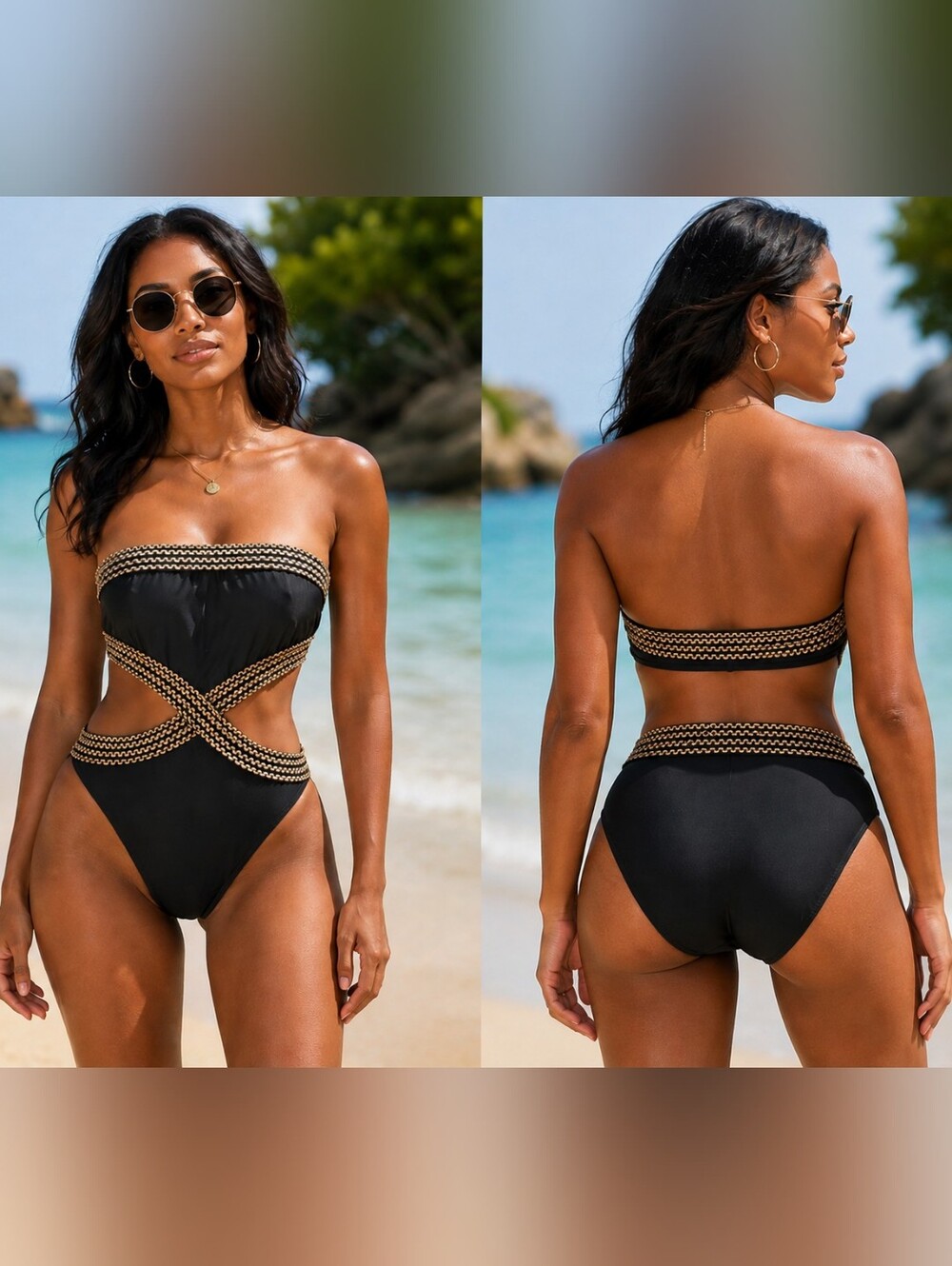 NWOT Black & Gold Cutout One-Piece Swimsuit – Size Medium